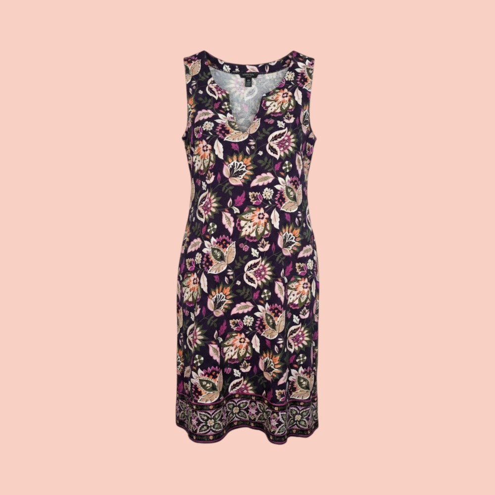 Lands End Womens Purple Floral Paisley Sleeveless Notch Neck Shift Dress Lrg 14